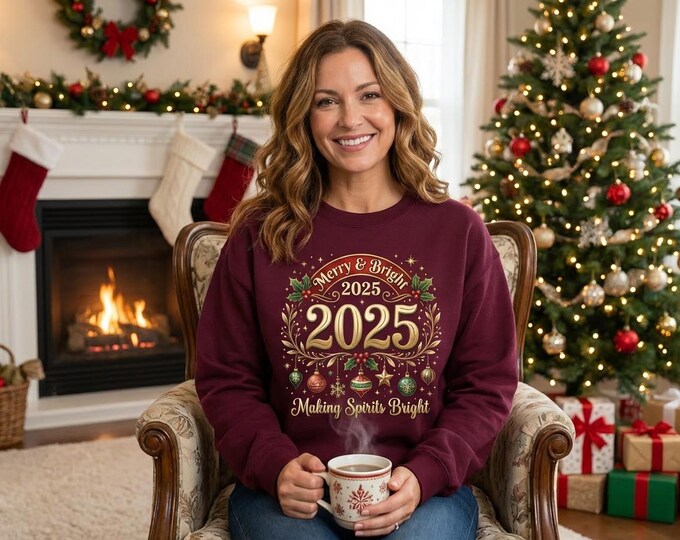 2025 Merry & Bright Christmas T-Shirt Design | Festive Holiday PNG | New Year Digital Download | Vintage Gold Ornament Xmas Shirt Art