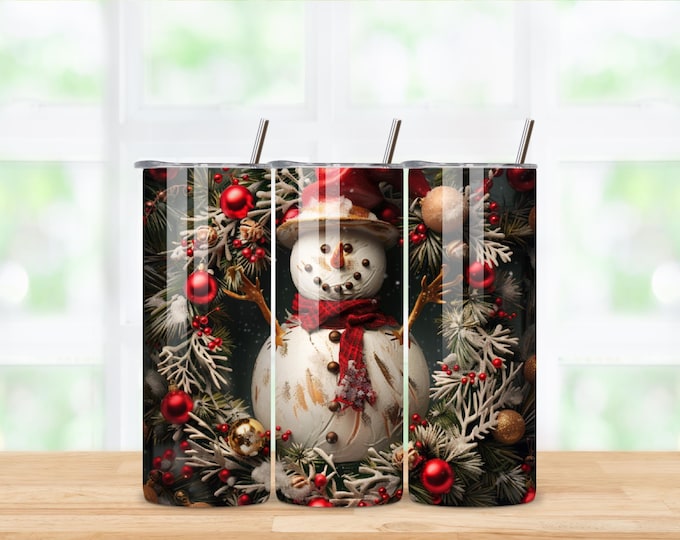 Festive Snowman Wreath Tumbler Wrap: Christmas Holiday PNG Digital Download for Sublimation Cups