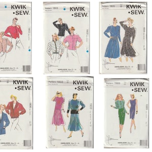 Puede incluir: Seis patrones de costura vintage de Kwik-Sew. Los patrones son para chaquetas, blusas, vestidos y faldas. Los patrones están numerados 1802, 1803, 1805, 1806, 1933 y 1989.