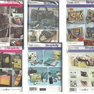 May include: Six different Simplicity sewing patterns for bags and accessories. The patterns include a car seat organizer, a tote bag, a crossbody bag, a laptop bag, and a small purse. The patterns are all in the same style, with a white background and black text.
