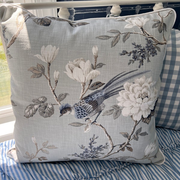Joybird by Covington Elegant Floral Bird Pillow Cover 20x20 Dove Gray Blue