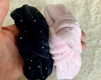 Sparkle Velour Top Knot Headbands with little rhinestones, black and light pink, twist headbands