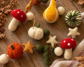 Pumpkin and Mushroom Felt Autumn Bunting – Handmade Festive Garland | Cute Autumn Decor | Cute Halloween Decoration | Needle Felting Decor