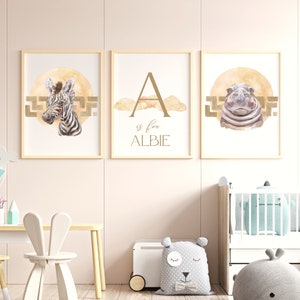 Set of 3 Safari Nursery personalised prints. Balloons, floral, animals. Boho, watercolour. Baby boy, baby girl gift. Blue, pink, neutral