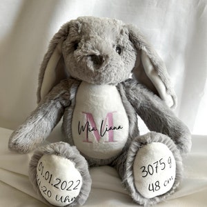 Personalisiertes Kuscheltier/ Stofftier / Geschenk zur Geburt / Geschenk Kinder / Geschen Weihnachten / Geschenk Geburtstag / Geschenk Taufe Grauer Hase