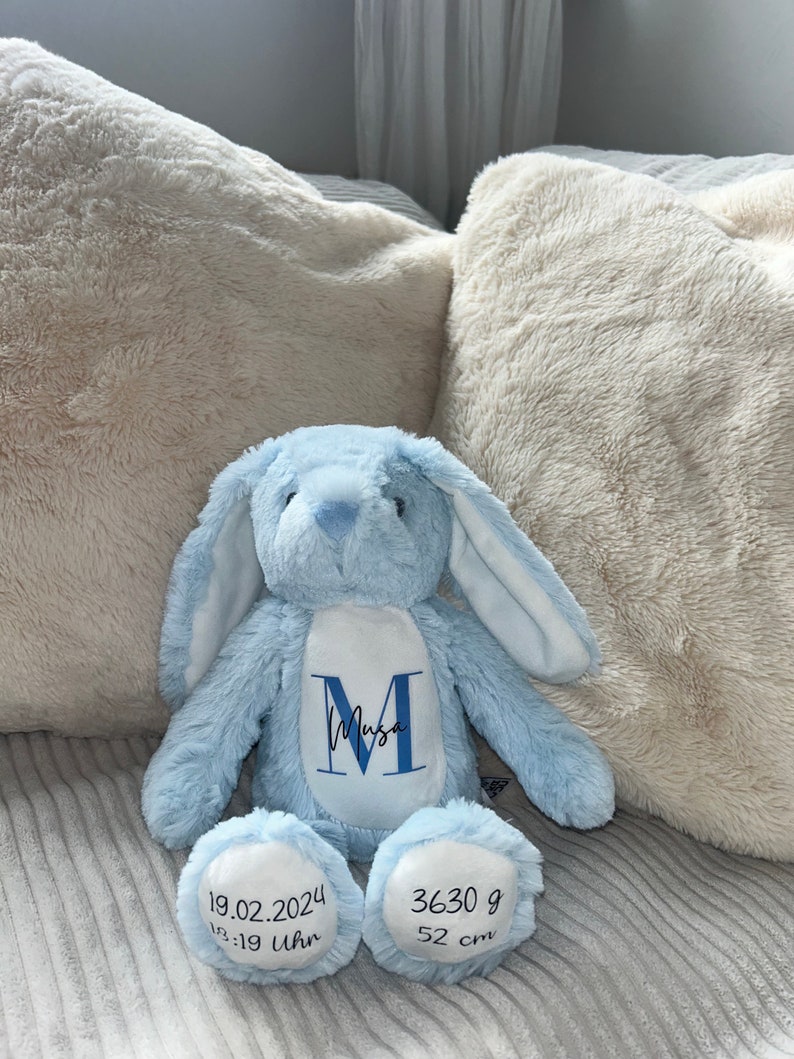 Personalisiertes Kuscheltier/ Stofftier / Geschenk zur Geburt / Geschenk Kinder / Geschen Weihnachten / Geschenk Geburtstag / Geschenk Taufe Blauer Hase