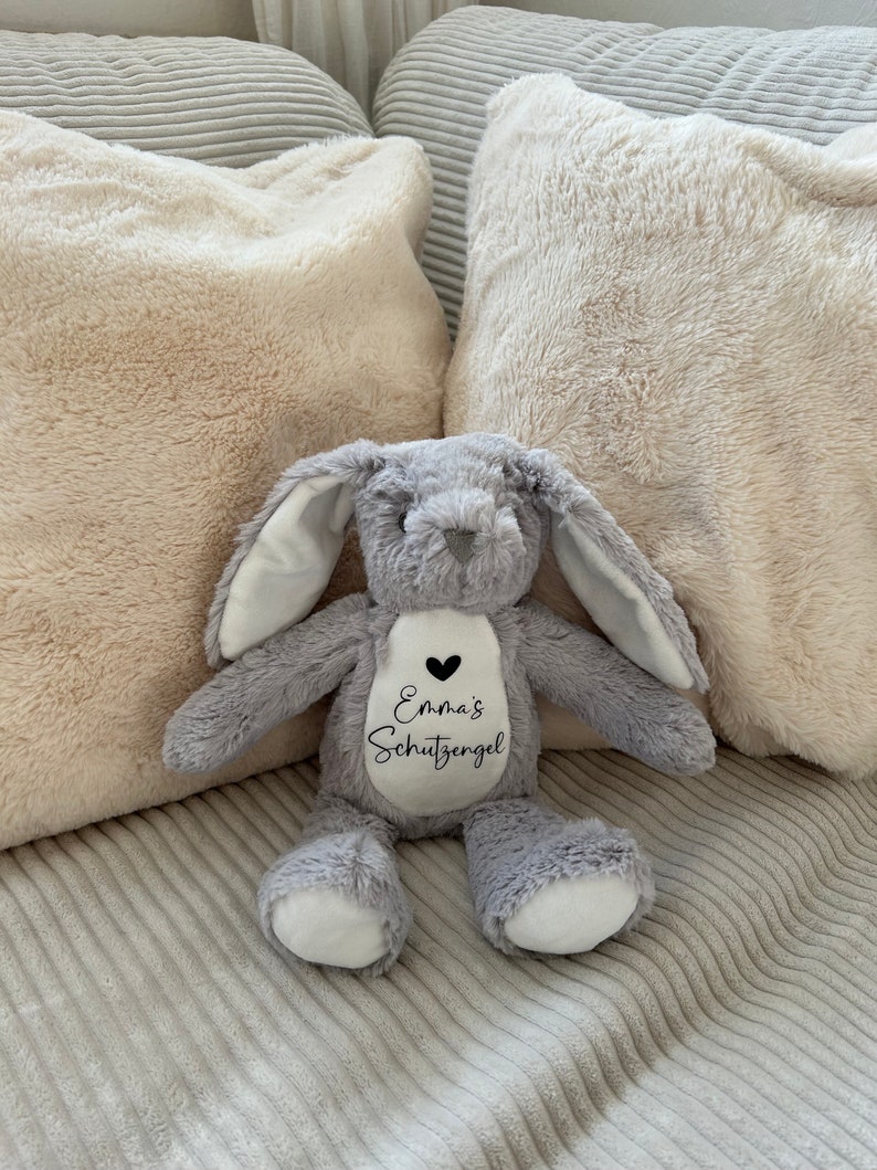 Personalisiertes Kuscheltier / Stofftier / Geschenk zur Geburt / Geschenk Kinder / Geschenk Weihnachten / Schutzengel / Geschenk Taufe Grauer Hase