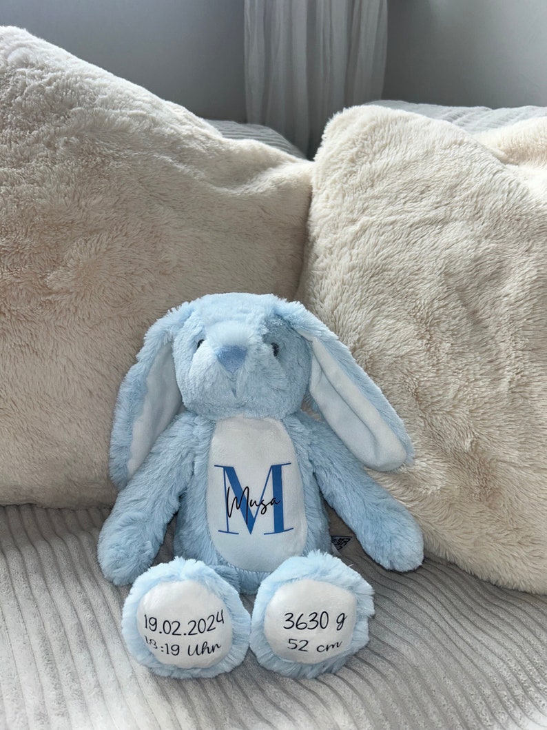 Personalisiertes Kuscheltier/ Stofftier / Geschenk zur Geburt / Geschenk Kinder / Geschen Weihnachten / Geschenk Geburtstag / Geschenk Taufe Blauer Hase