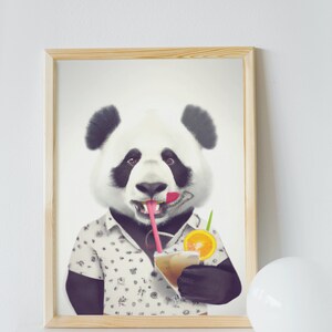 Panda Having A Drink Printable digital artwork, Panda posters, Funny poster, Contemporary wall decor, Bar decor