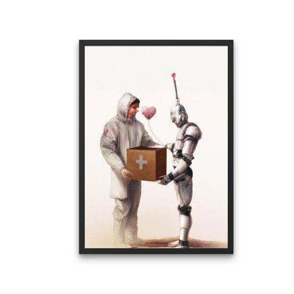 Robot Love Poster - Robot Digital Printable Art | Tin Man Getting A Heart | Finally Love - Art For Lovers | Romantic Digital Artwork