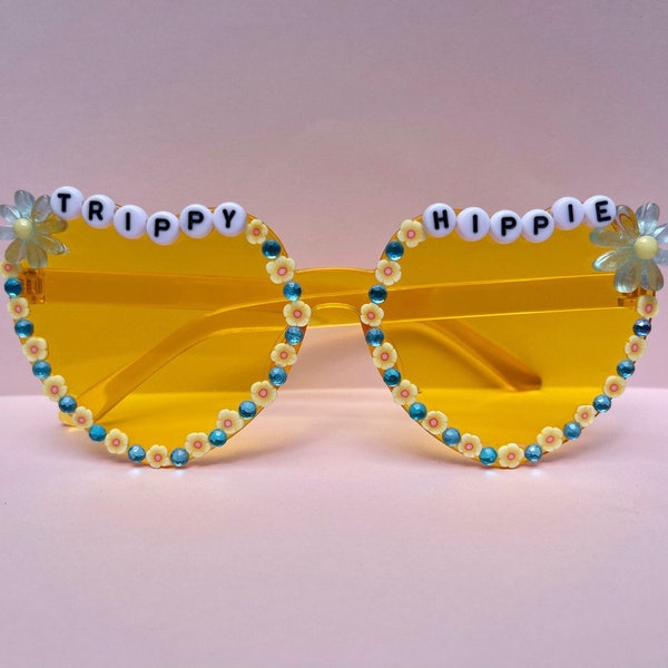 SALE: Festival glasses, "Trippy Hippie" heart sunglasses, bedazzled rave sunglasses, custom brunch sunglasses