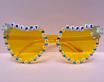 SALE: Festival glasses, "Trippy Hippie" heart sunglasses, bedazzled rave sunglasses, custom brunch sunglasses