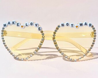 VENTA: Gafas de sol de corazón "Make Love Not War", gafas de sol deslumbrantes, divertidas gafas de festival, gafas de sol boho hippie