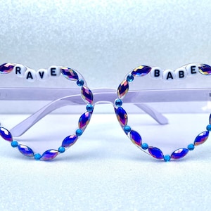 SALE: Festival glasses, &quot;Rave Babe&quot; heart sunglasses, bedazzled sunglasses, festival outfit accessory, funky sunglasses