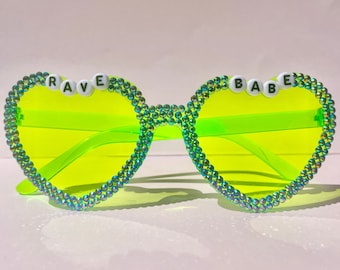 SALE: Festival glasses, "Rave Babe" heart sunglasses, bedazzled sunglasses, festival outfit accessory, funky sunglasses