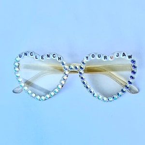 Festival glasses, &quot;Unclench Your Jaw&quot; heart sunglasses, bedazzled sunglasses, festival outfit, rave sunglasses