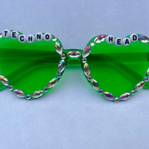 Festival glasses, rave glasses, &quot;Techno Head&quot; heart sunglasses, bedazzled sunglasses, festival outfit accessory