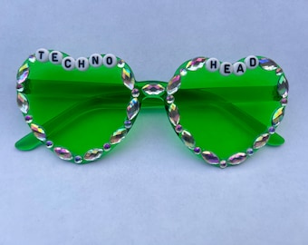 Festival glasses, rave glasses, "Techno Head" heart sunglasses, bedazzled sunglasses, festival outfit accessory