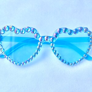 Blue heart glasses, rave glasses, heart sunglasses, bedazzled sunglasses, brunch outfit accessory