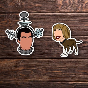 May include: Two cartoon stickers, one of a man with a device on his head and the other of a woman with a dog's body.
