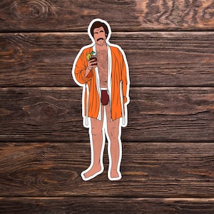 May include: A cartoon illustration of a man wearing an orange bathrobe and holding a glass of a red drink with a lemon wedge. He is wearing brown underwear and has a mustache.