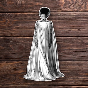 May include: Black and white illustration of a woman in a white gown with her hair styled in a bun. She has stitches on her neck and is wearing a white gown with long sleeves.
