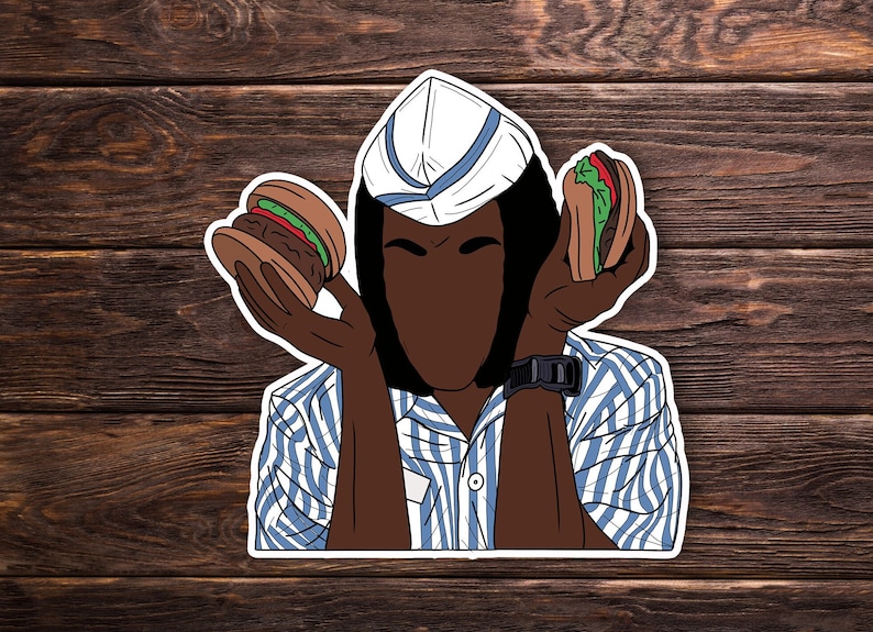 May include: A cartoon illustration of a person wearing a blue and white striped shirt and a white hat, holding two hamburgers. The person has dark skin and black hair.