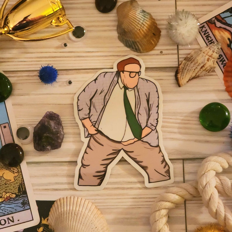 May include: A sticker of a cartoon man wearing a light purple button-down shirt, khaki trousers, and a green tie. He is standing with his hands in his pockets and has a serious expression on his face.