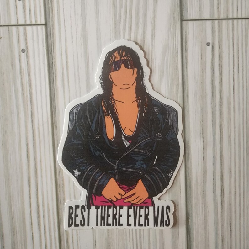 May include: A sticker featuring a cartoon illustration of a wrestler wearing a black leather jacket, sunglasses, and a pink and black wrestling singlet. The text "BEST THERE EVER WAS" is printed below the image.