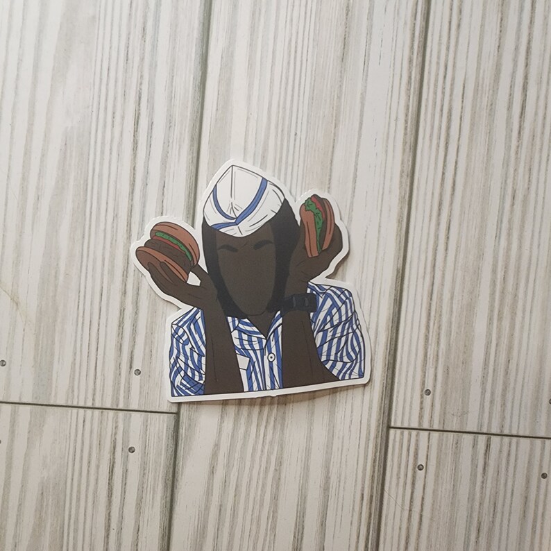 May include: A sticker of a person wearing a blue and white striped shirt and a white hat, holding two hamburgers.