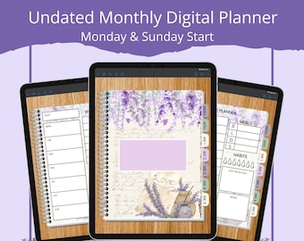 Lavender Undated Monthly Digital Planner, Simple Planner, iPad Planner, Portrait Planner, Undated Digital Planner, Goodnotes Planner