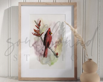 Watercolor Cardinal Painting - Hand Drawn and Painted Red Bird, Cardinal Bird Art, Watercolor Nature Art, Grief Art, Sympathy Gift