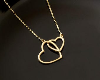 14k Solid Gold Interwined Hearts Neclace for Women | Dainty Love Link Pendants | Minimalist Jewelry