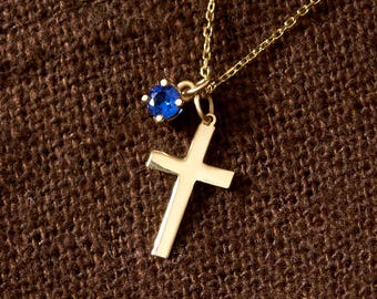 14k Solid Gold Cross & Birthstone Necklace for Women | CZ Birthstone and Cross Pendant  | Crucifix Birthstone Necklace | Gift for Her