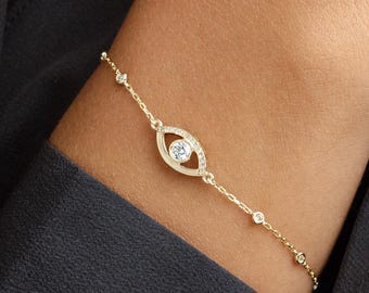 14k Solid Gold Evil Eye Bracelet For Women | Dainty Nazar Protection Charm Jewelry