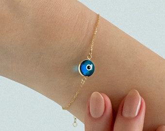 14k Solid Gold Evil Eye Bracelet For Women | Navy Blue Evil Eye Charm | Protection Charm Bracelet | Minimalist Dainty Jewelry | Gift for Her