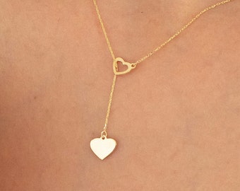 14k Solid Gold Double Heart Necklace for Women | Lariat Y Necklace | Two Heart Pendant | Love Necklace | Gift for Her | Valentines Day Gift