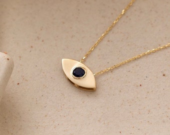 14k Solid Gold Dainty Evil Eye Necklace | Evil Eye Pendant for Women | Love Charm Jewelry for Her | Gift for Her | Valentines Day Gift