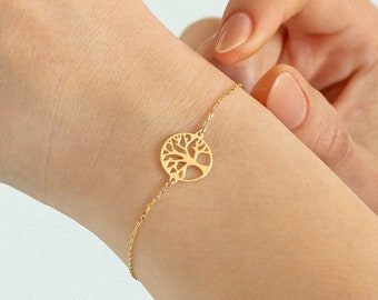 14k Solid Gold Flower Bracelet For Women | Tree of life Charm | Lotus Chakra Bracelet | Bracelet Family Tree Jewelry | Gift for Her