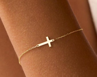 Cross Bracelet in 14k Solid Gold For Women | Sideways Crucifix Charm | Adjustable Religious Bracelet