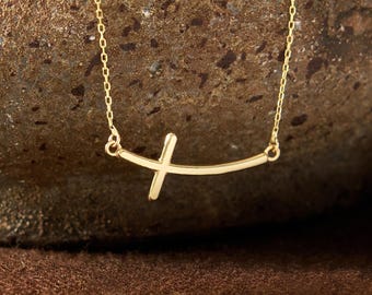 14k Solid Gold Sideways Curved Cross Necklace for Women | Dainty Curved Cross Pendant Necklace | Crucifix Religious Jewelry | Gift for Her