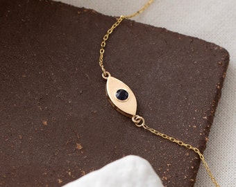 14k Solid Gold Evil Eye Bracelet For Women | Navy Blue Evil Eye Charm | Protection Charm Bracelet | Minimalist Dainty Jewelry | Gift for Her
