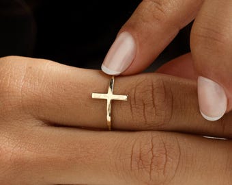 14k Solid Gold Sideways Cross Ring for Women | Sideways Crucifix Ring | Dainty Religious Jewelry | 14k Solid Gold Ring | Gift for Her