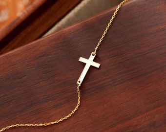 14k Solid Gold Sideways Cross Necklace for Women | Dainty Crucifix Religious Jewelry Gift