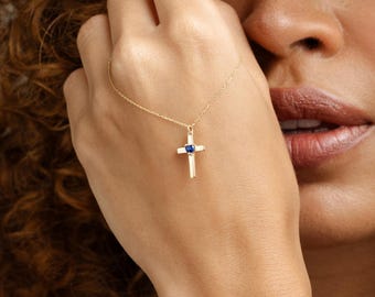 14k Solid Gold Cross Birthstone Necklace for Women | Heart Shaped Pendant | Crucifix Charm