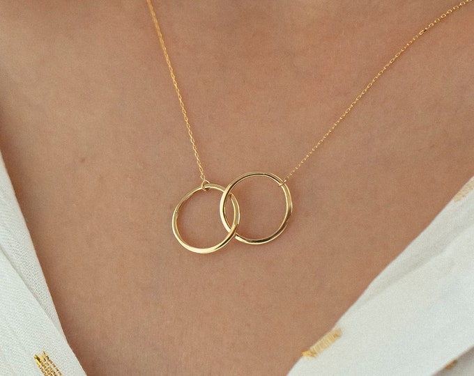 14k Solid Gold Interwined Circles Neclace for Women | Link Pendant Necklace | Double Rings Interlocking Circles Dainty Minimalist Jewelry