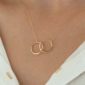14k Solid Gold Interwined Circles Neclace for Women | Link Pendant Necklace | Double Rings Interlocking Circles Dainty Minimalist Jewelry