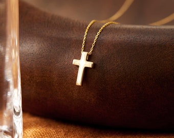 Tiny Cross Necklace in 14k Solid Gold | Dainty Polished Crucifix Pendant for Women | Religious Charm Jewelry for Her | Christmas Day Gift