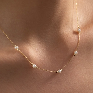 Pearl Station Necklace in 14k Solid Gold | Pearl for Women | Love Charm Jewelry for Her | Gift for Her | Mothers Day Gift