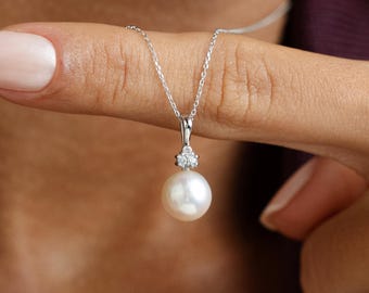 14k Solid Gold Pearl & CZ Charm Necklace for Women | Dainty Jewelry | Gift for Her